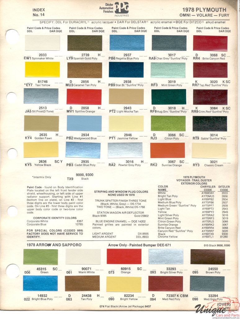 1978 Plymouth Arrow Paint Charts Sapporo PPG 1